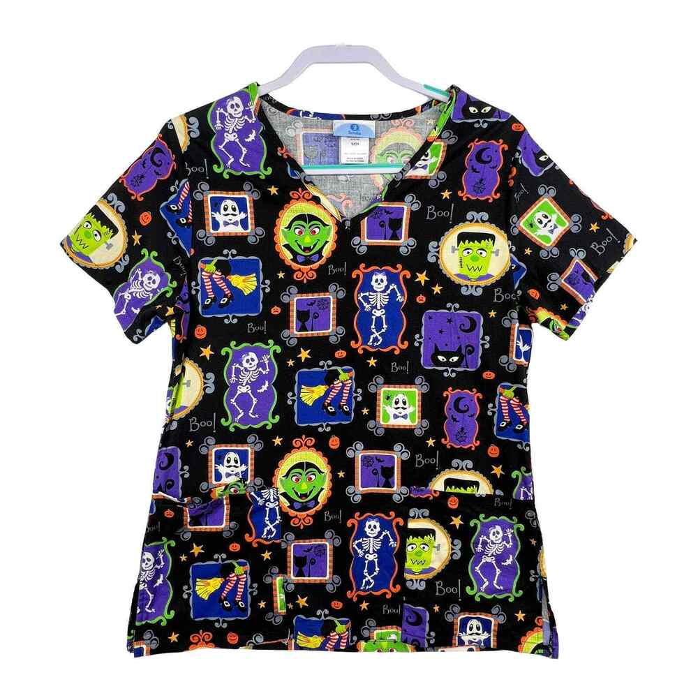SB SCRUBS Womens Small Black Halloween Boo Print V Neck Cotton Scrub Top Casual